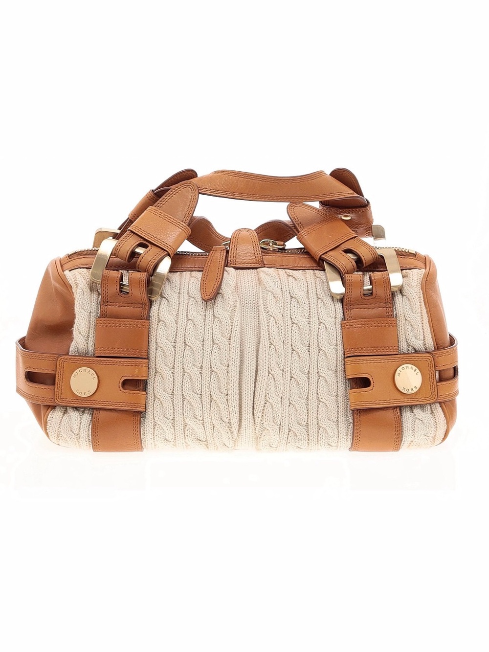 MICHAEL Michael Kors Cream Cable Knit and Tan Leather Satchel